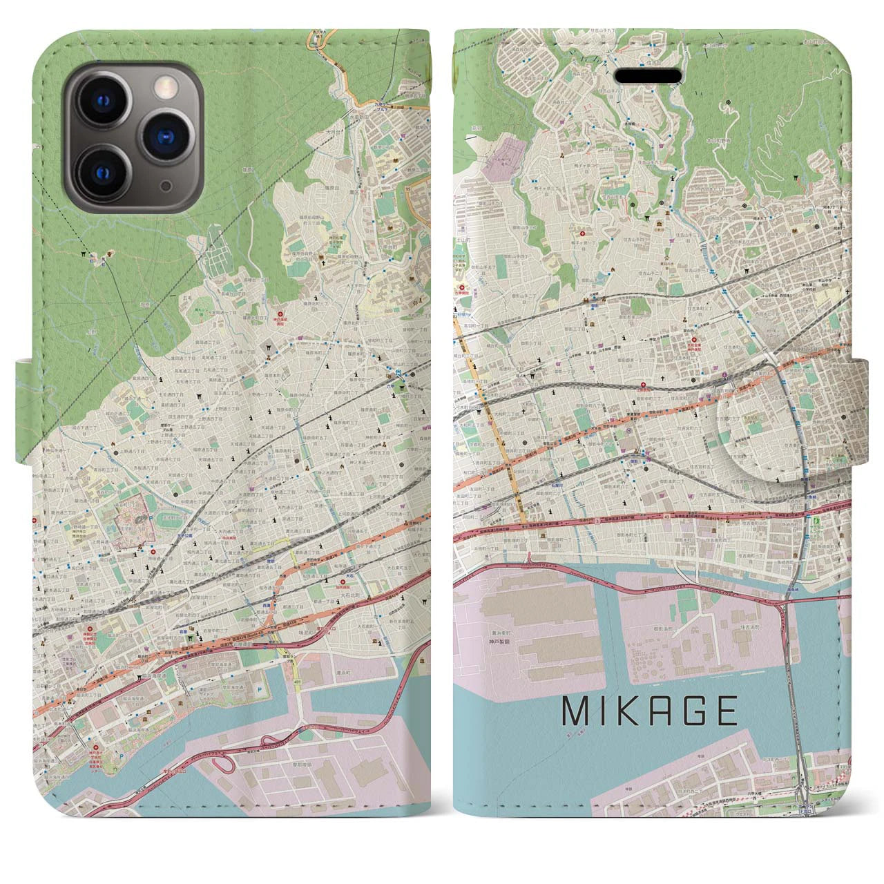 【御影】地図柄iPhoneケース（手帳両面タイプ・ナチュラル）iPhone 11 Pro Max 用
