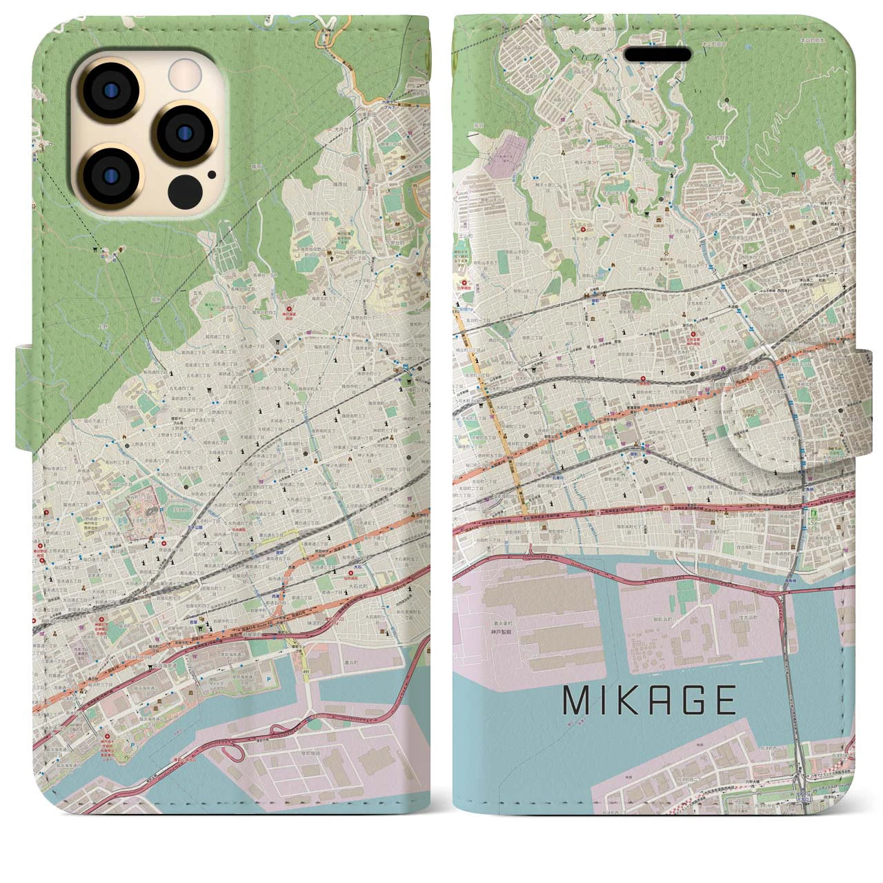 【御影】地図柄iPhoneケース（手帳両面タイプ・ナチュラル）iPhone 12 Pro Max 用