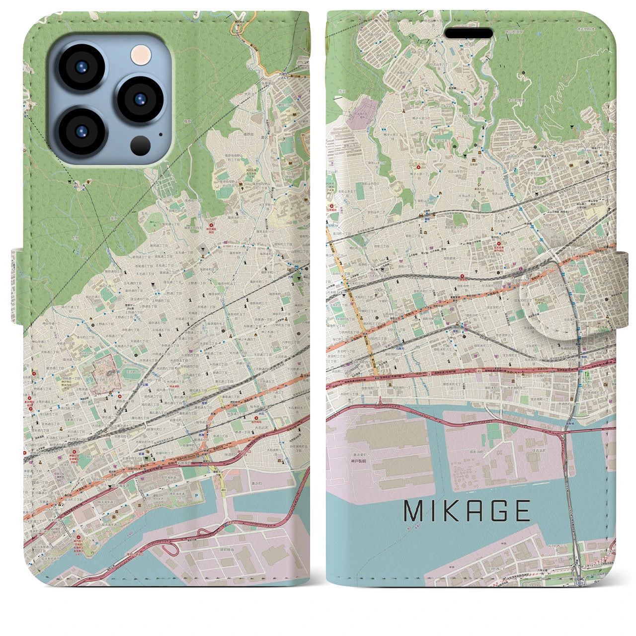 【御影】地図柄iPhoneケース（手帳両面タイプ・ナチュラル）iPhone 13 Pro Max 用