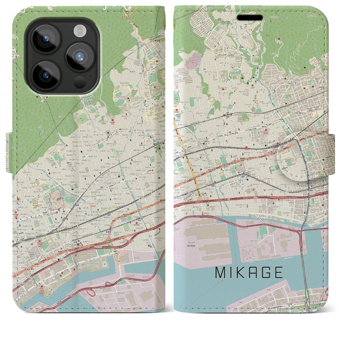 【御影】地図柄iPhoneケース（手帳両面タイプ・ナチュラル）iPhone 15 Pro Max 用