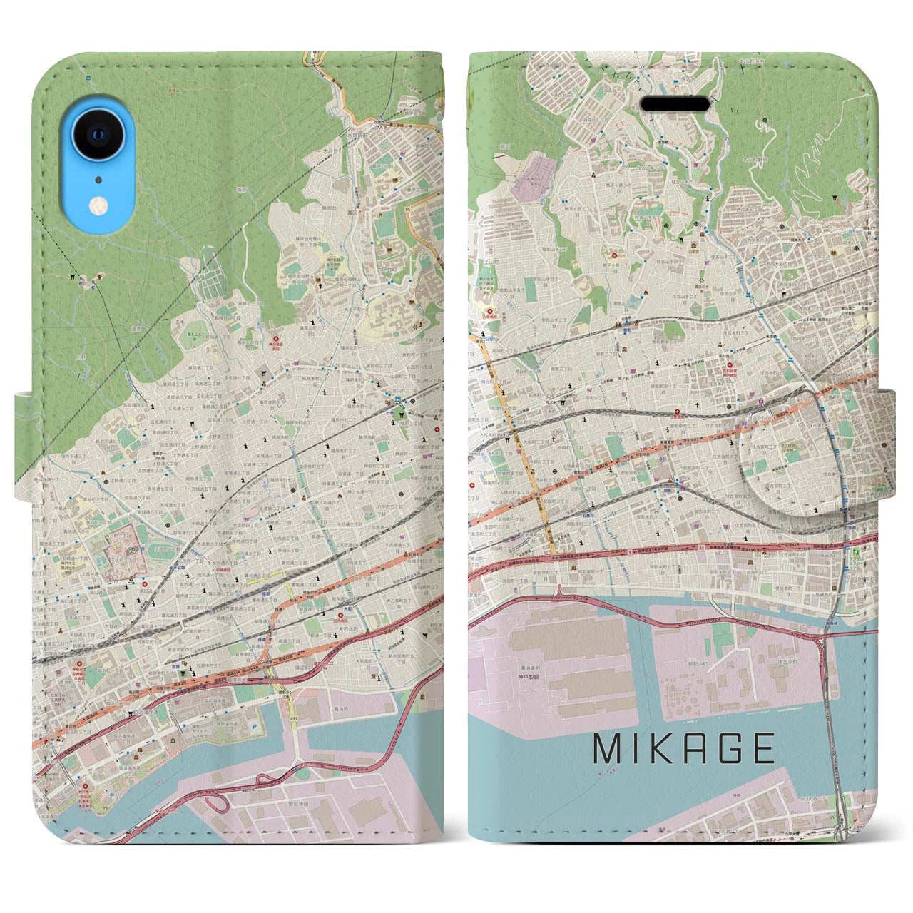 【御影】地図柄iPhoneケース（手帳両面タイプ・ナチュラル）iPhone XR 用