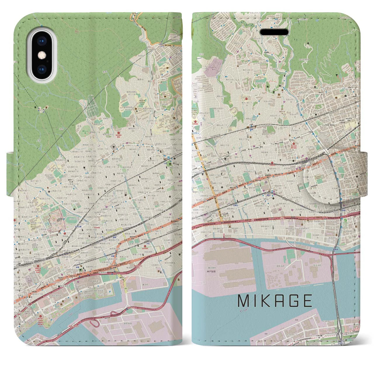【御影】地図柄iPhoneケース（手帳両面タイプ・ナチュラル）iPhone XS Max 用