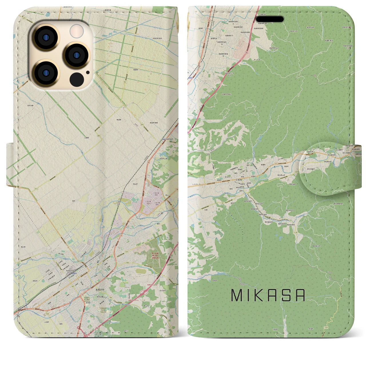 【三笠】地図柄iPhoneケース（手帳両面タイプ・ナチュラル）iPhone 12 Pro Max 用