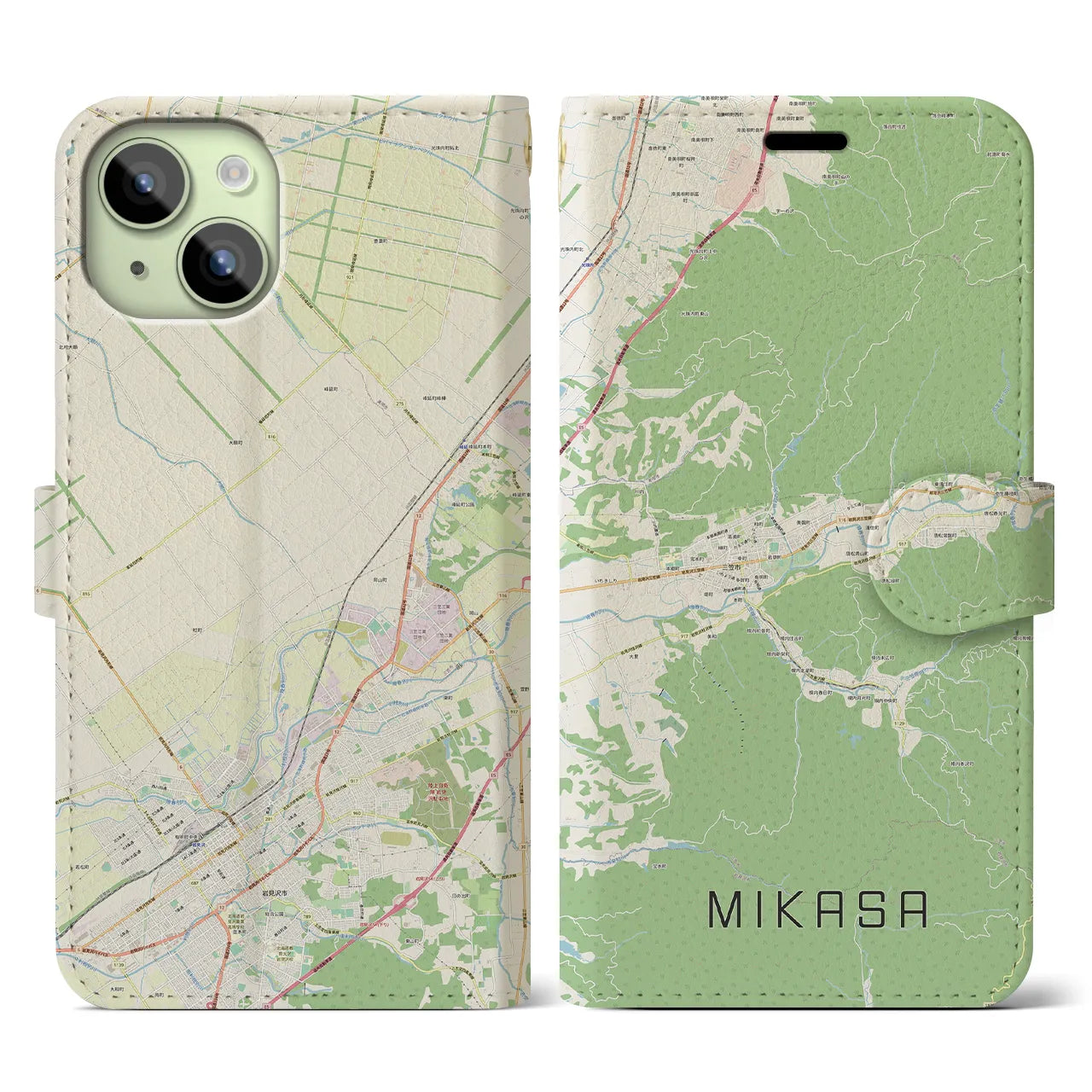 【三笠】地図柄iPhoneケース（手帳両面タイプ・ナチュラル）iPhone 15 用