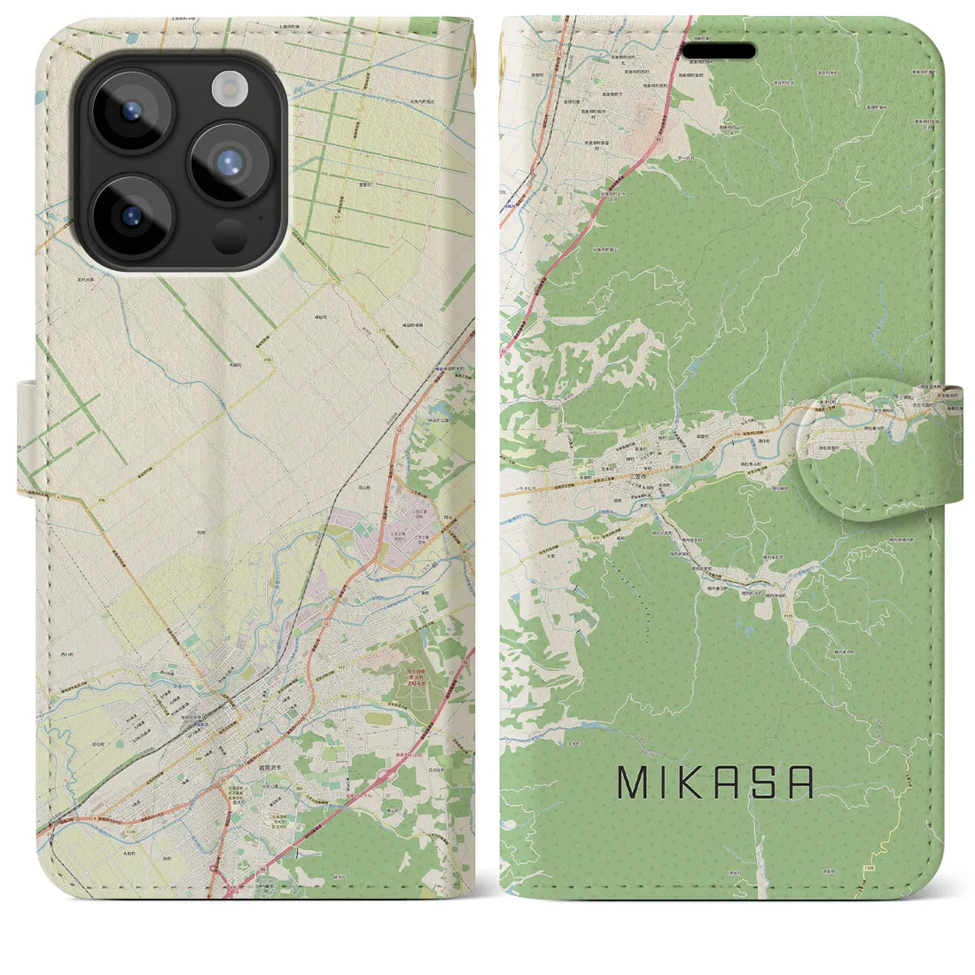 【三笠】地図柄iPhoneケース（手帳両面タイプ・ナチュラル）iPhone 15 Pro Max 用