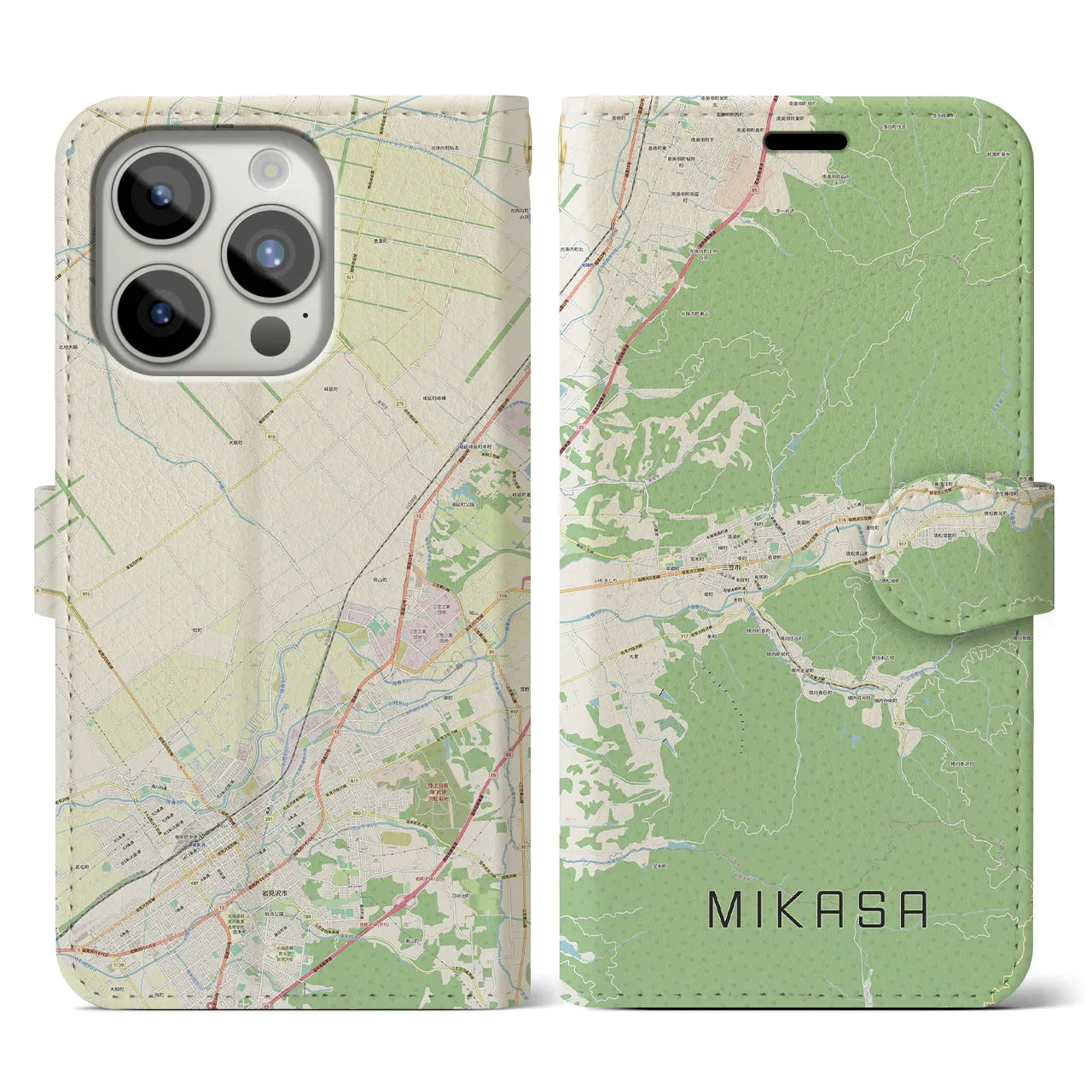 【三笠】地図柄iPhoneケース（手帳両面タイプ・ナチュラル）iPhone 15 Pro 用