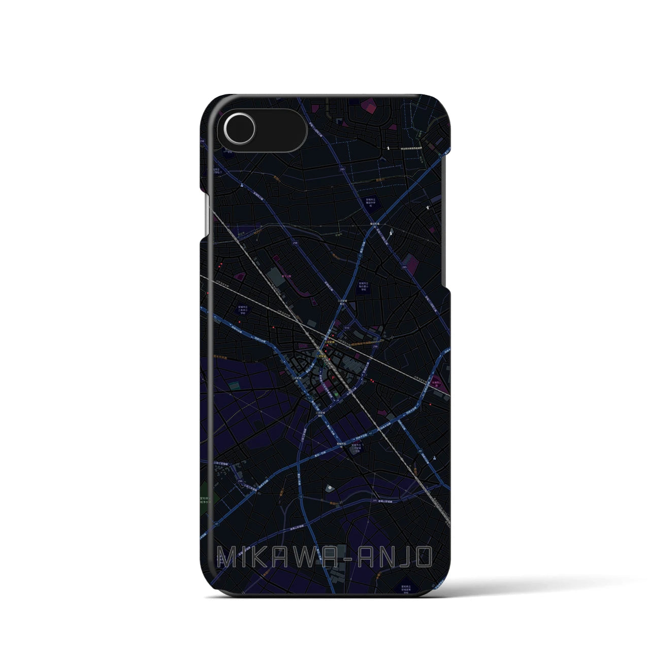 【三河安城】地図柄iPhoneケース（バックカバータイプ・ブラック）iPhone SE（第3 / 第2世代） / 8 / 7 / 6s / 6 用