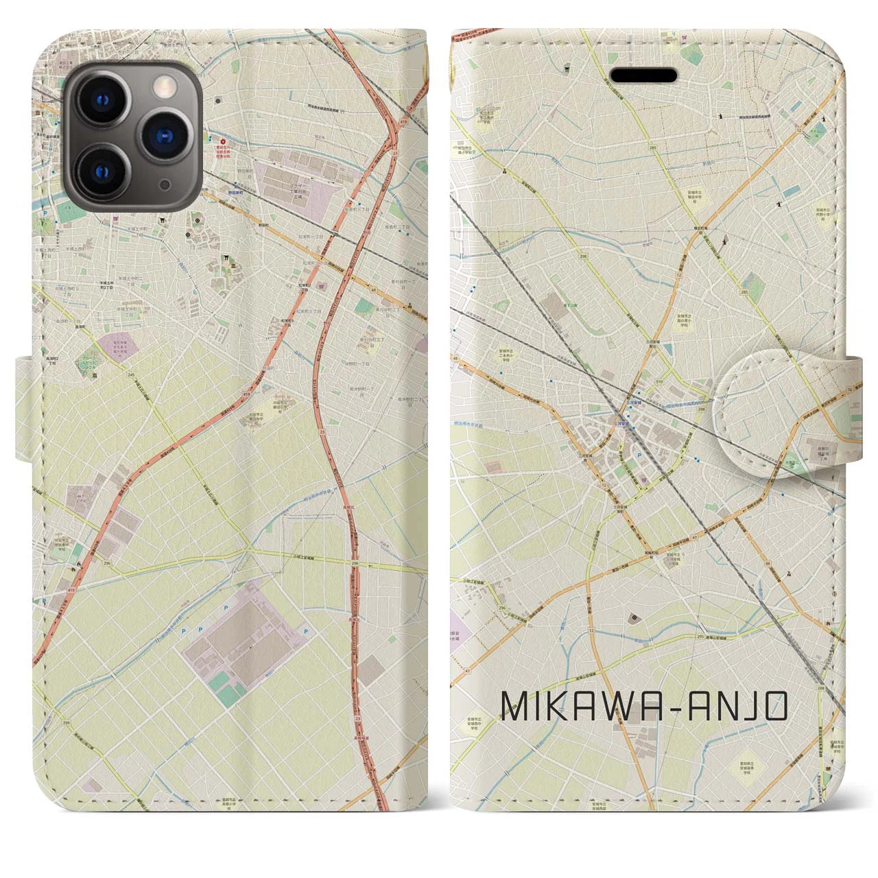 【三河安城】地図柄iPhoneケース（手帳両面タイプ・ナチュラル）iPhone 11 Pro Max 用