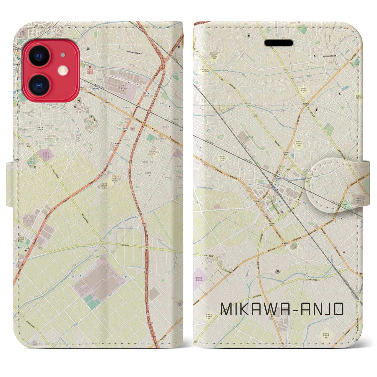 【三河安城】地図柄iPhoneケース（手帳両面タイプ・ナチュラル）iPhone 11 用