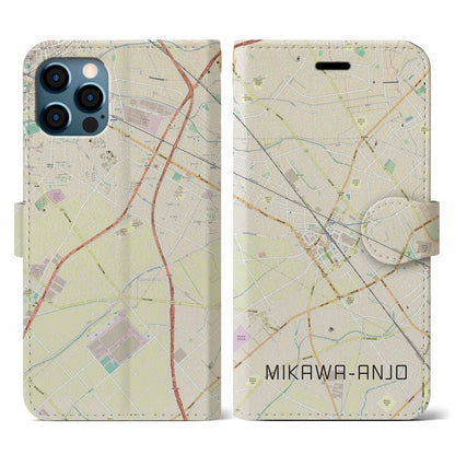 【三河安城（愛知県）】地図柄iPhoneケース（手帳タイプ）ナチュラル・iPhone 12 / 12 Pro 用