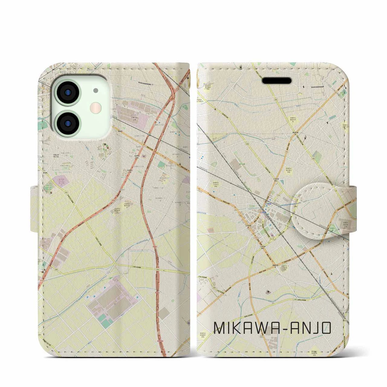 【三河安城】地図柄iPhoneケース（手帳両面タイプ・ナチュラル）iPhone 12 mini 用