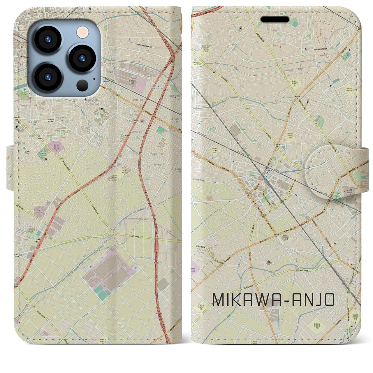 【三河安城】地図柄iPhoneケース（手帳両面タイプ・ナチュラル）iPhone 13 Pro Max 用
