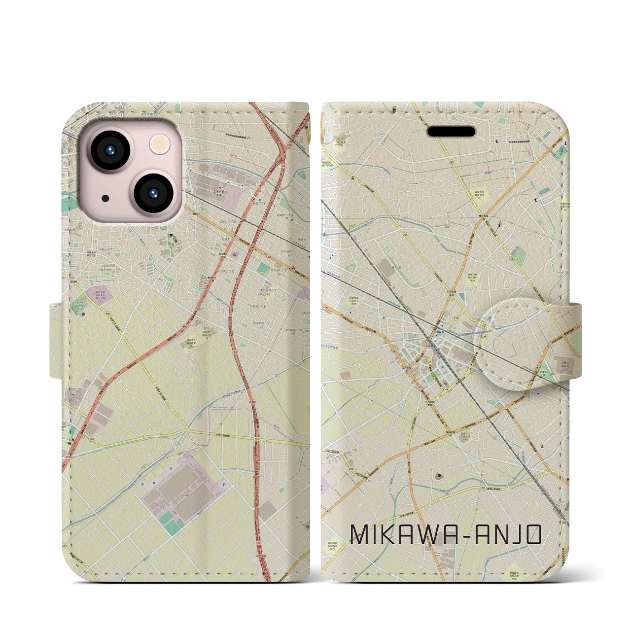 【三河安城】地図柄iPhoneケース（手帳両面タイプ・ナチュラル）iPhone 13 mini 用