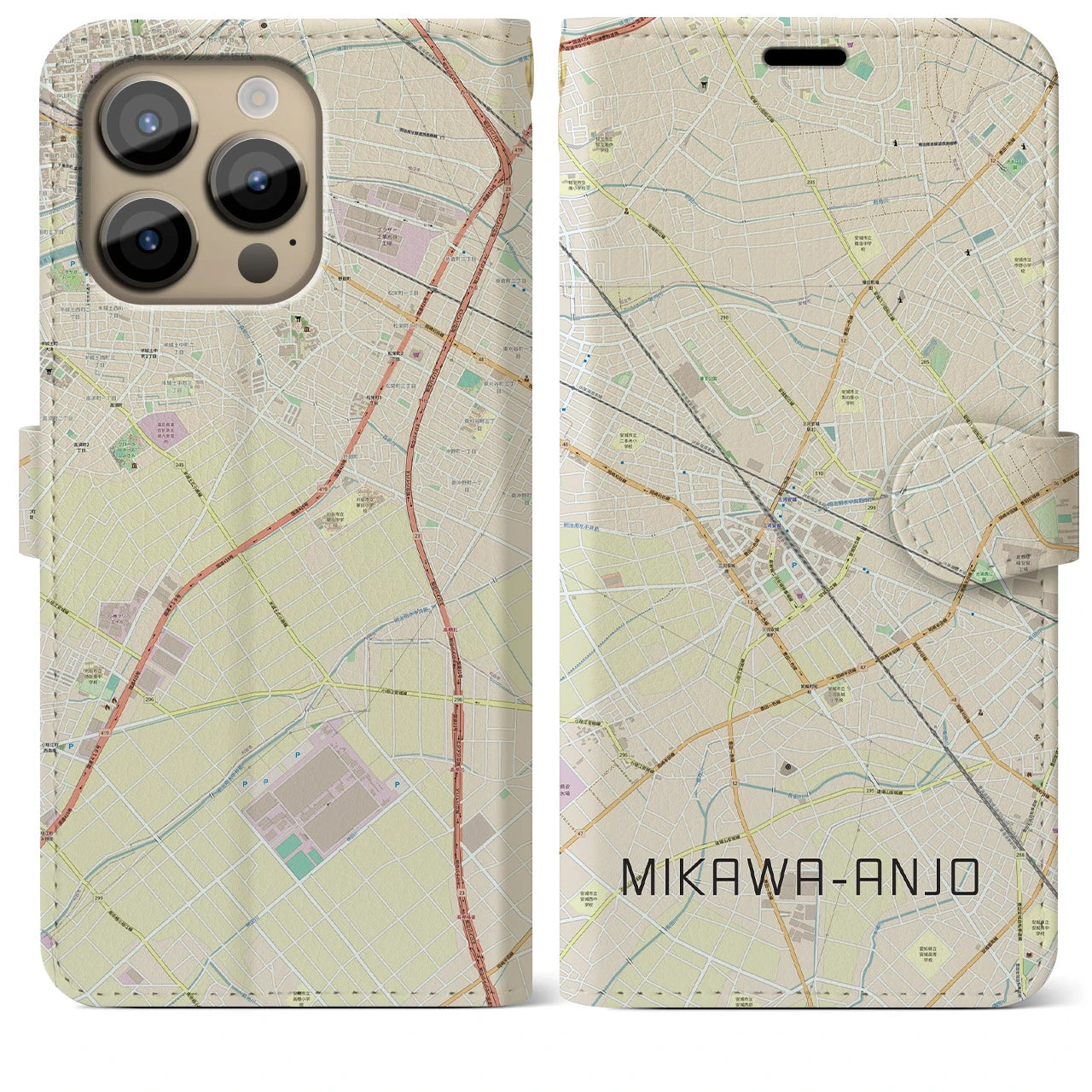 【三河安城】地図柄iPhoneケース（手帳両面タイプ・ナチュラル）iPhone 14 Pro Max 用
