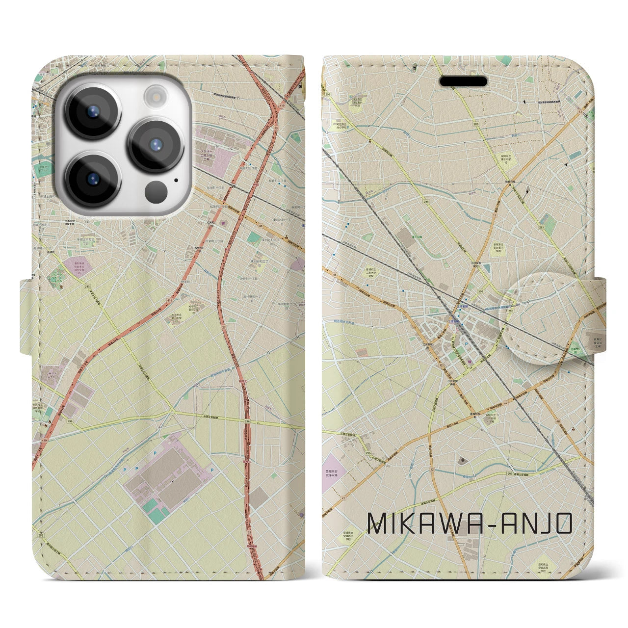 【三河安城】地図柄iPhoneケース（手帳両面タイプ・ナチュラル）iPhone 14 Pro 用