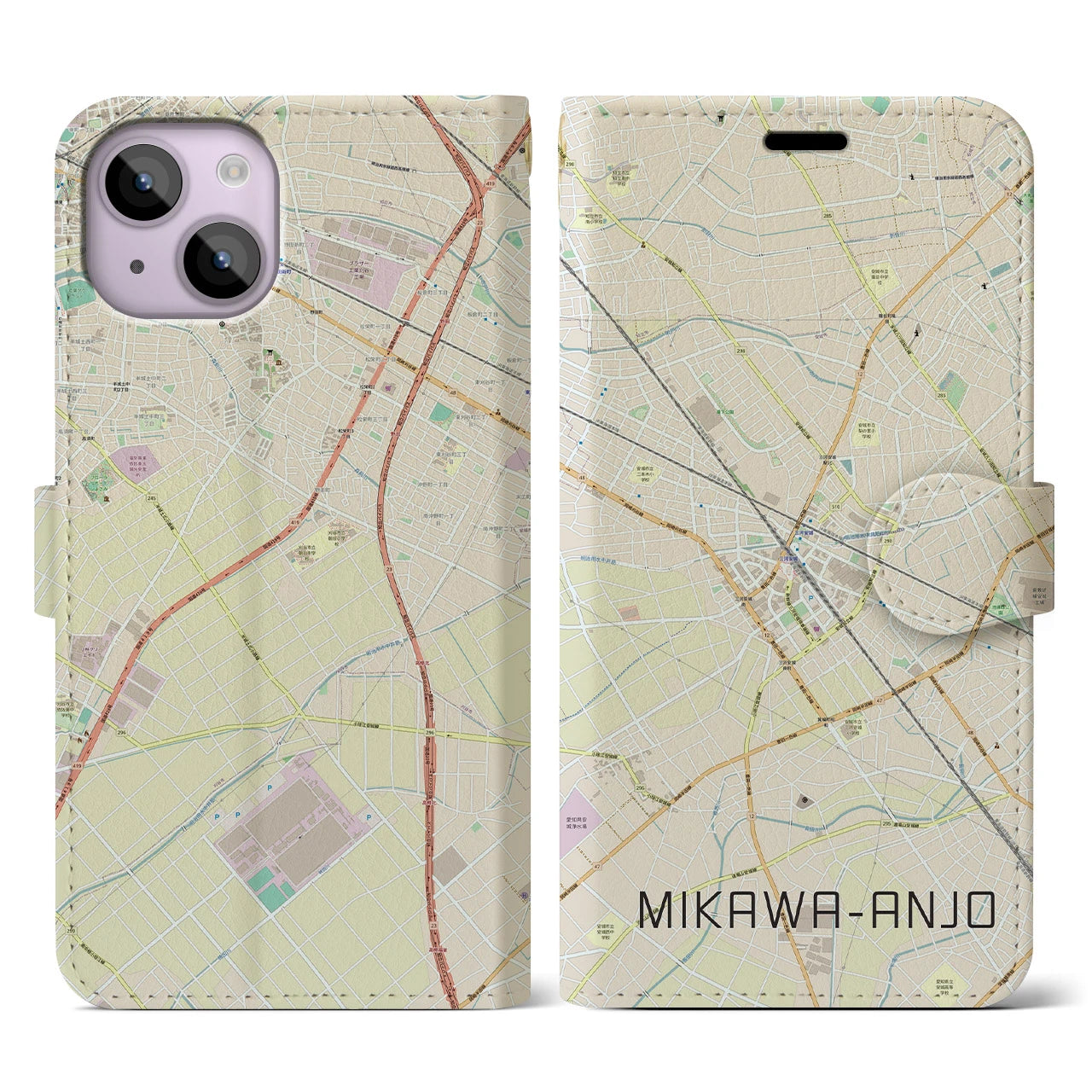 【三河安城】地図柄iPhoneケース（手帳両面タイプ・ナチュラル）iPhone 14 用