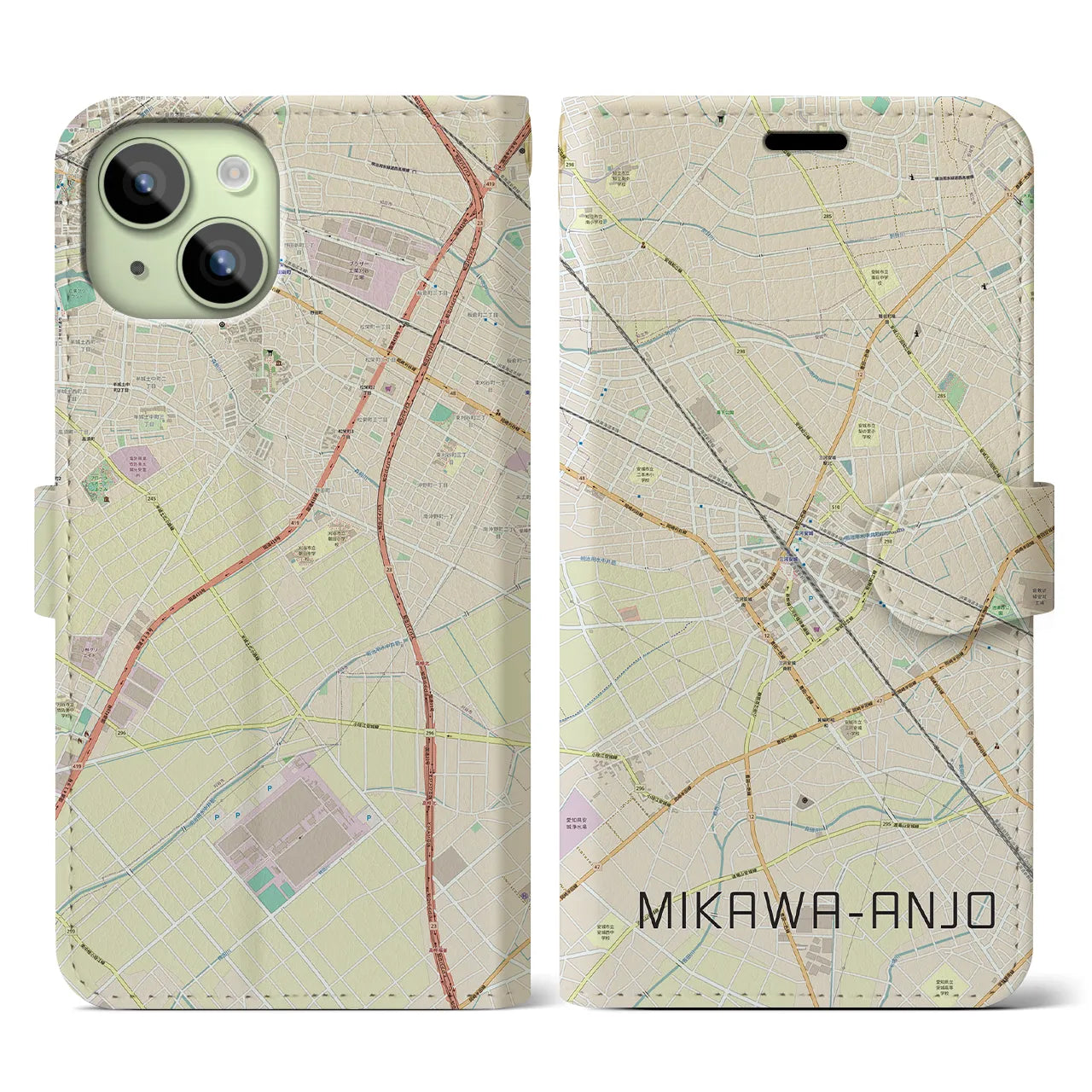 【三河安城】地図柄iPhoneケース（手帳両面タイプ・ナチュラル）iPhone 15 用