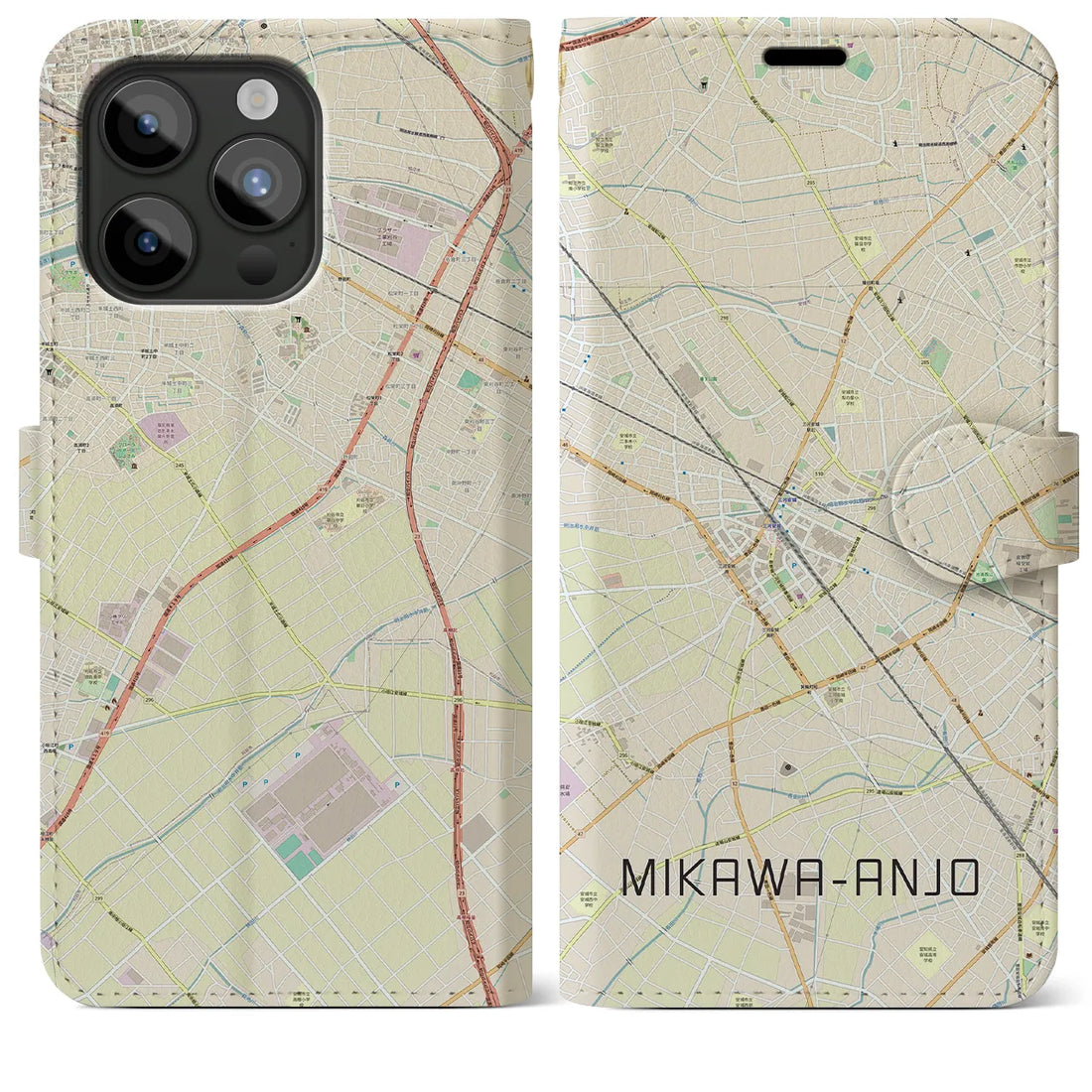 【三河安城】地図柄iPhoneケース（手帳両面タイプ・ナチュラル）iPhone 15 Pro Max 用
