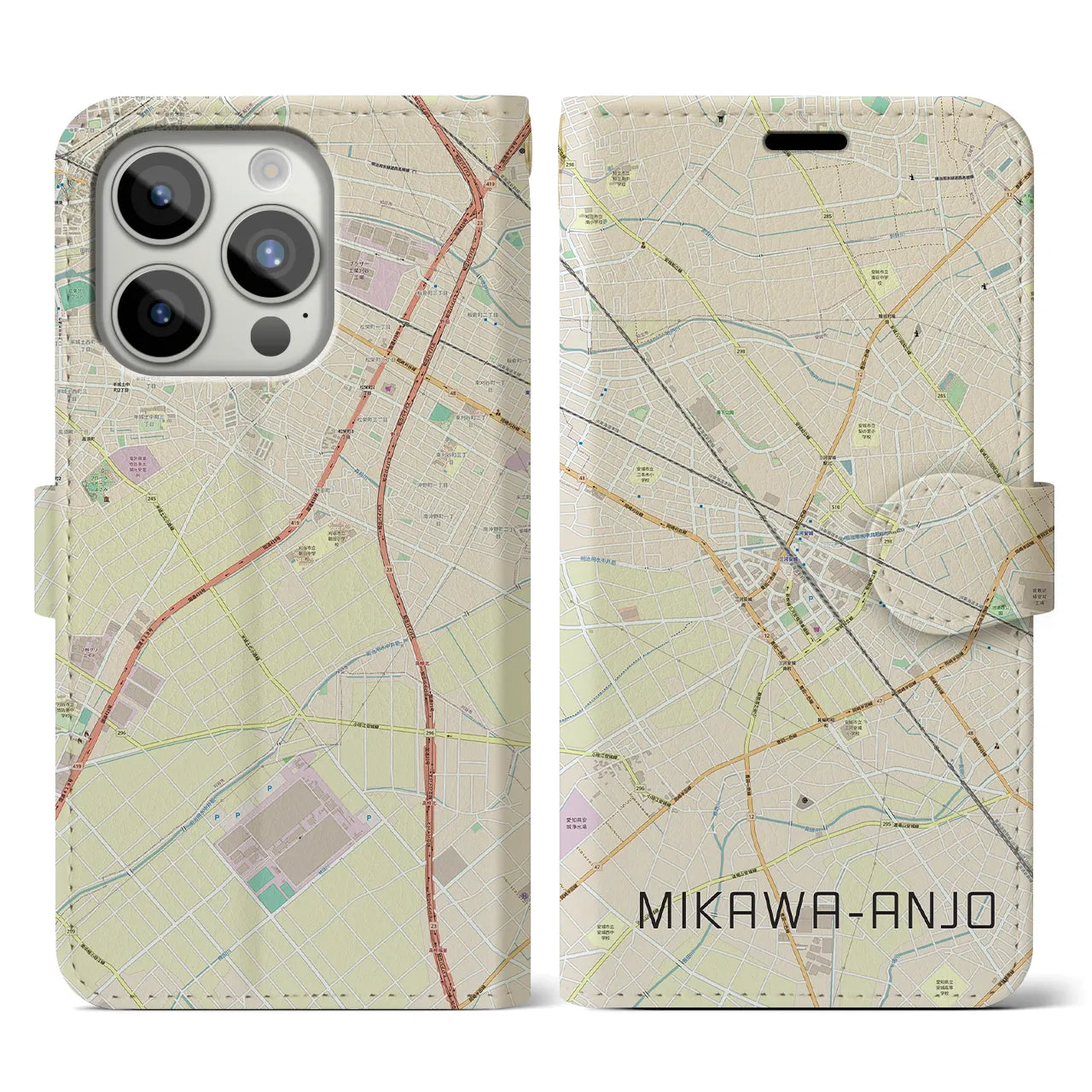 【三河安城】地図柄iPhoneケース（手帳両面タイプ・ナチュラル）iPhone 15 Pro 用