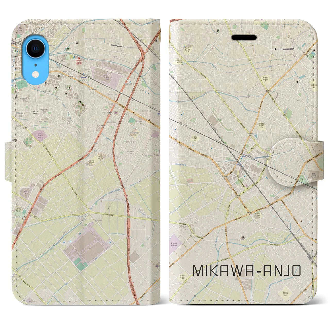 【三河安城】地図柄iPhoneケース（手帳両面タイプ・ナチュラル）iPhone XR 用