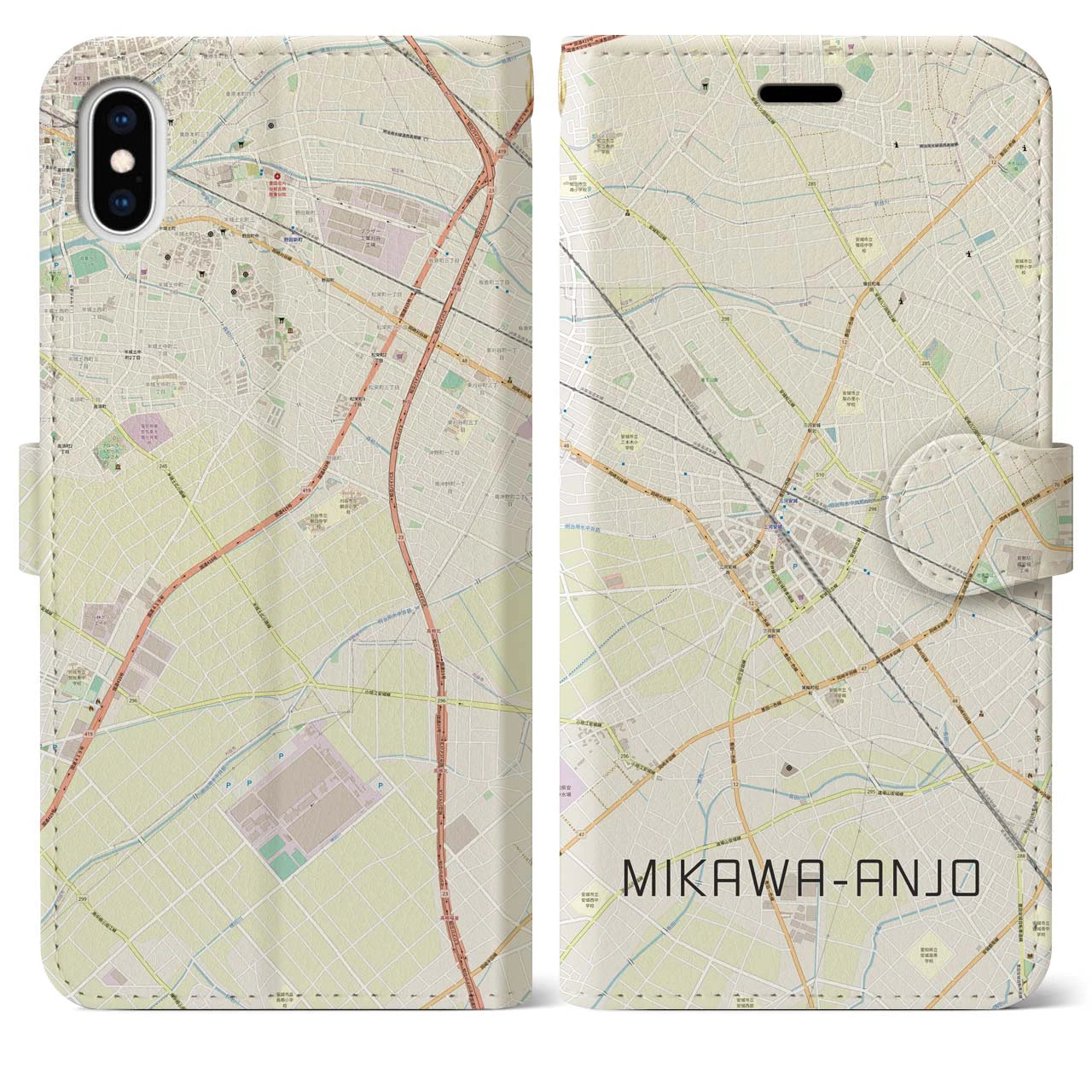 【三河安城】地図柄iPhoneケース（手帳両面タイプ・ナチュラル）iPhone XS Max 用