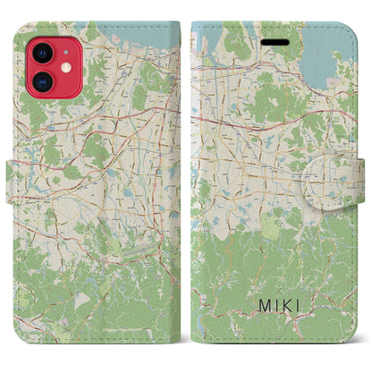 【三木（香川県）】地図柄iPhoneケース（手帳タイプ）ナチュラル・iPhone 11 用