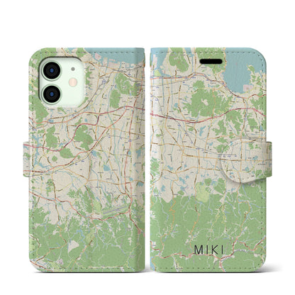 【三木（香川県）】地図柄iPhoneケース（手帳タイプ）ナチュラル・iPhone 12 mini 用