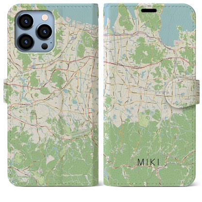 【三木（香川県）】地図柄iPhoneケース（手帳タイプ）ナチュラル・iPhone 13 Pro Max 用