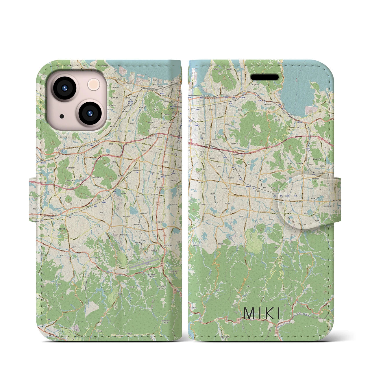 【三木（香川県）】地図柄iPhoneケース（手帳両面タイプ・ナチュラル）iPhone 13 mini 用
