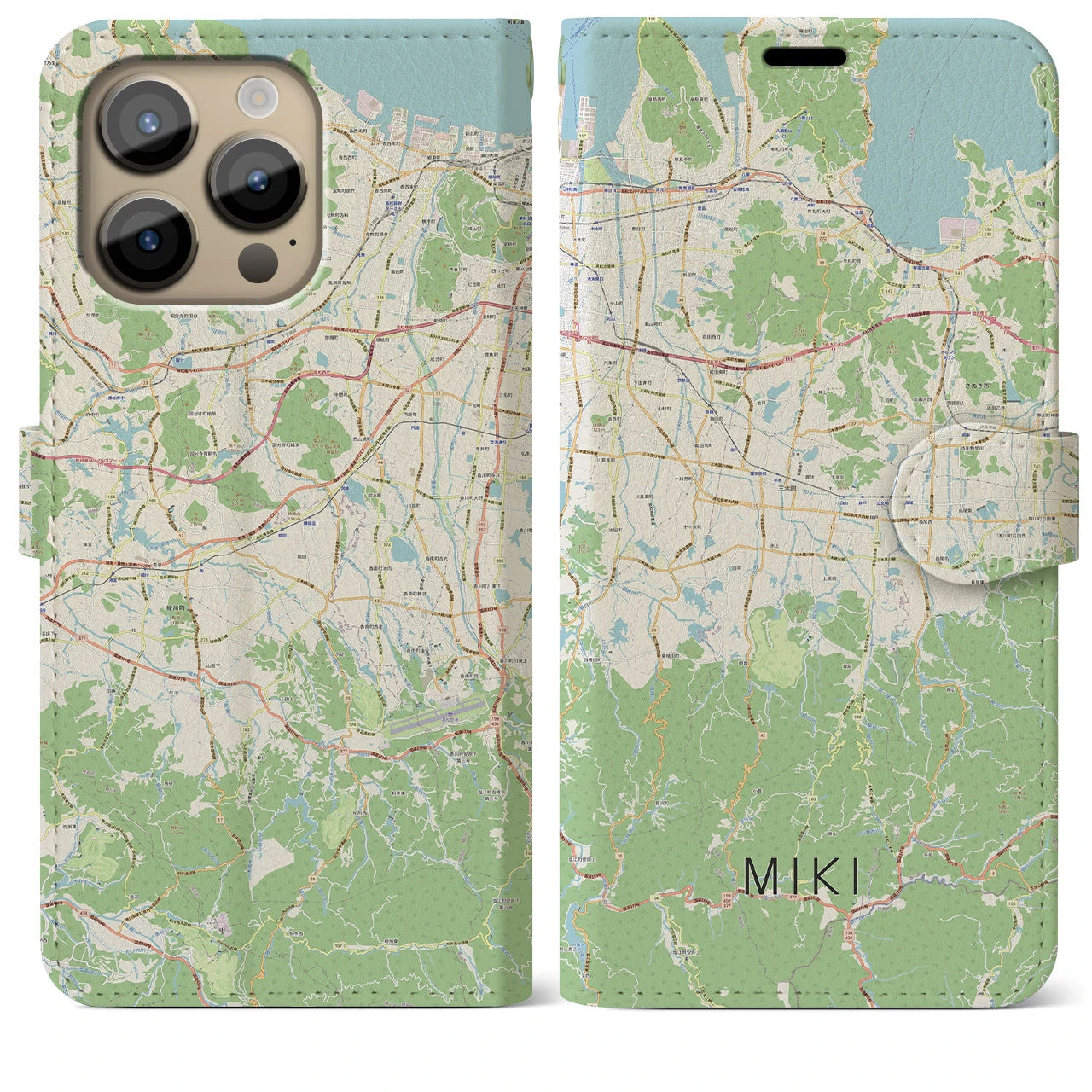 【三木（香川県）】地図柄iPhoneケース（手帳両面タイプ・ナチュラル）iPhone 14 Pro Max 用