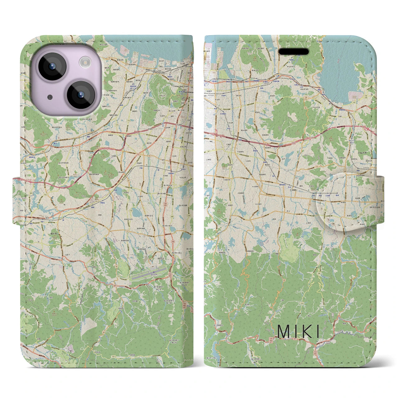 【三木（香川県）】地図柄iPhoneケース（手帳両面タイプ・ナチュラル）iPhone 14 用