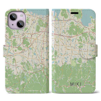 【三木（香川県）】地図柄iPhoneケース（手帳タイプ）ナチュラル・iPhone 14 用