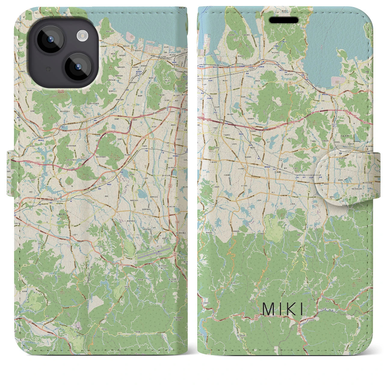 【三木（香川県）】地図柄iPhoneケース（手帳両面タイプ・ナチュラル）iPhone 14 Plus 用