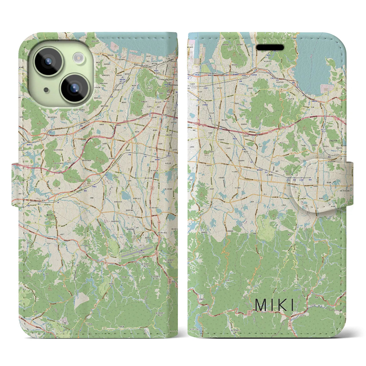 【三木（香川県）】地図柄iPhoneケース（手帳両面タイプ・ナチュラル）iPhone 15 用