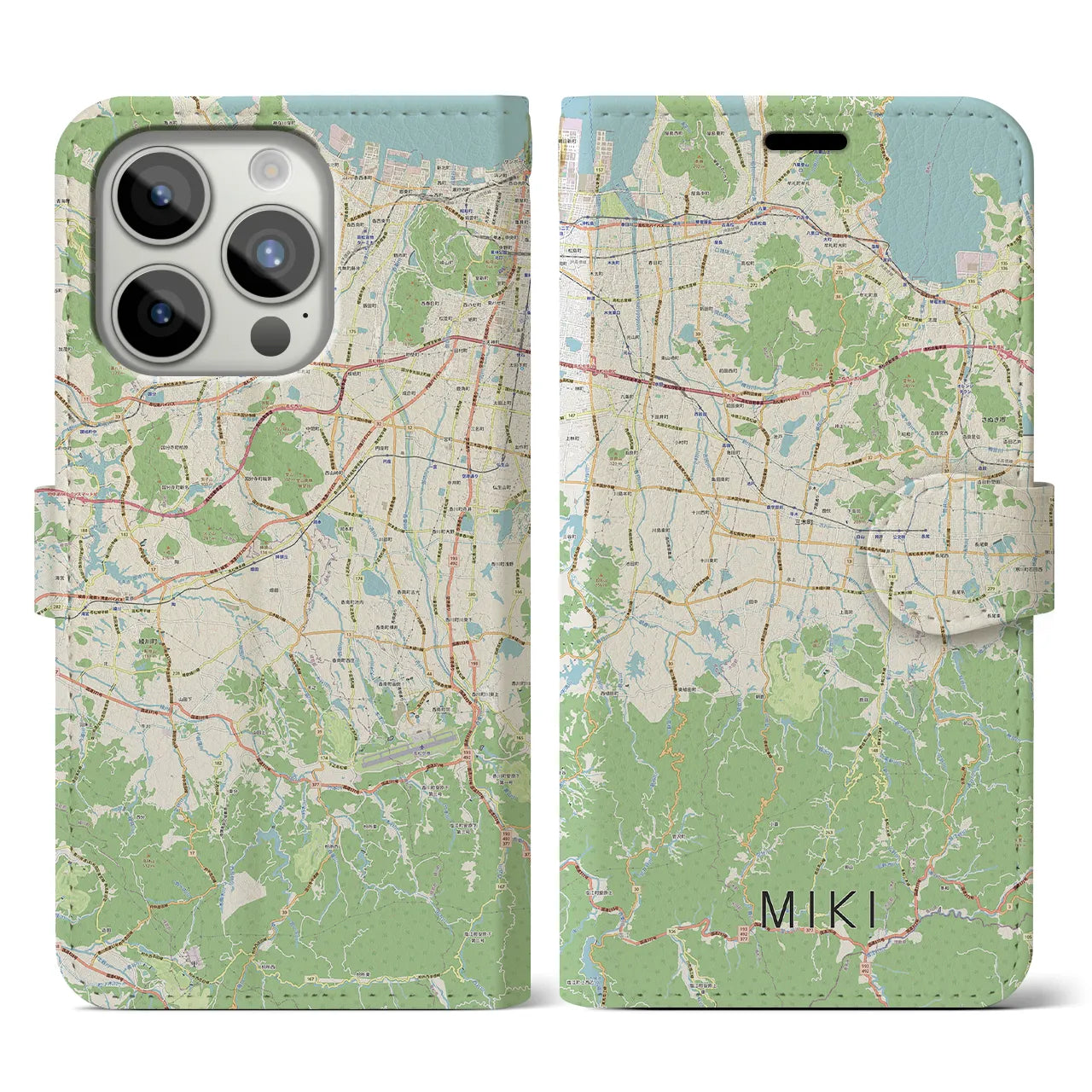 【三木（香川県）】地図柄iPhoneケース（手帳両面タイプ・ナチュラル）iPhone 15 Pro 用