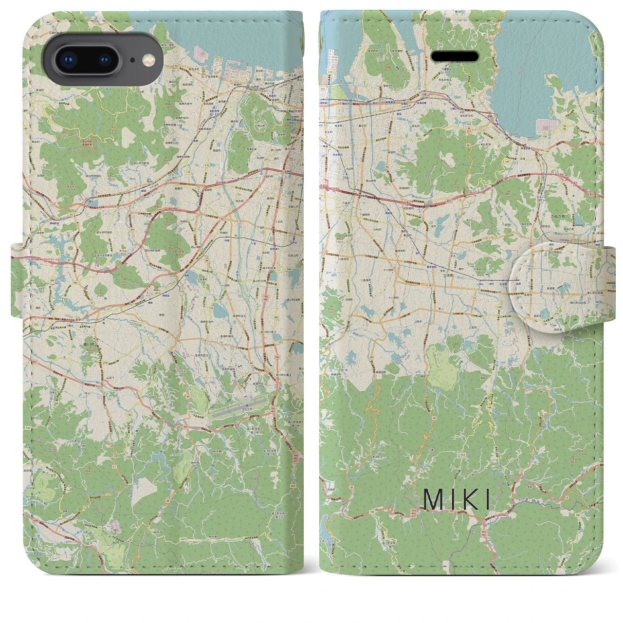 【三木（香川県）】地図柄iPhoneケース（手帳両面タイプ・ナチュラル）iPhone 8Plus /7Plus / 6sPlus / 6Plus 用