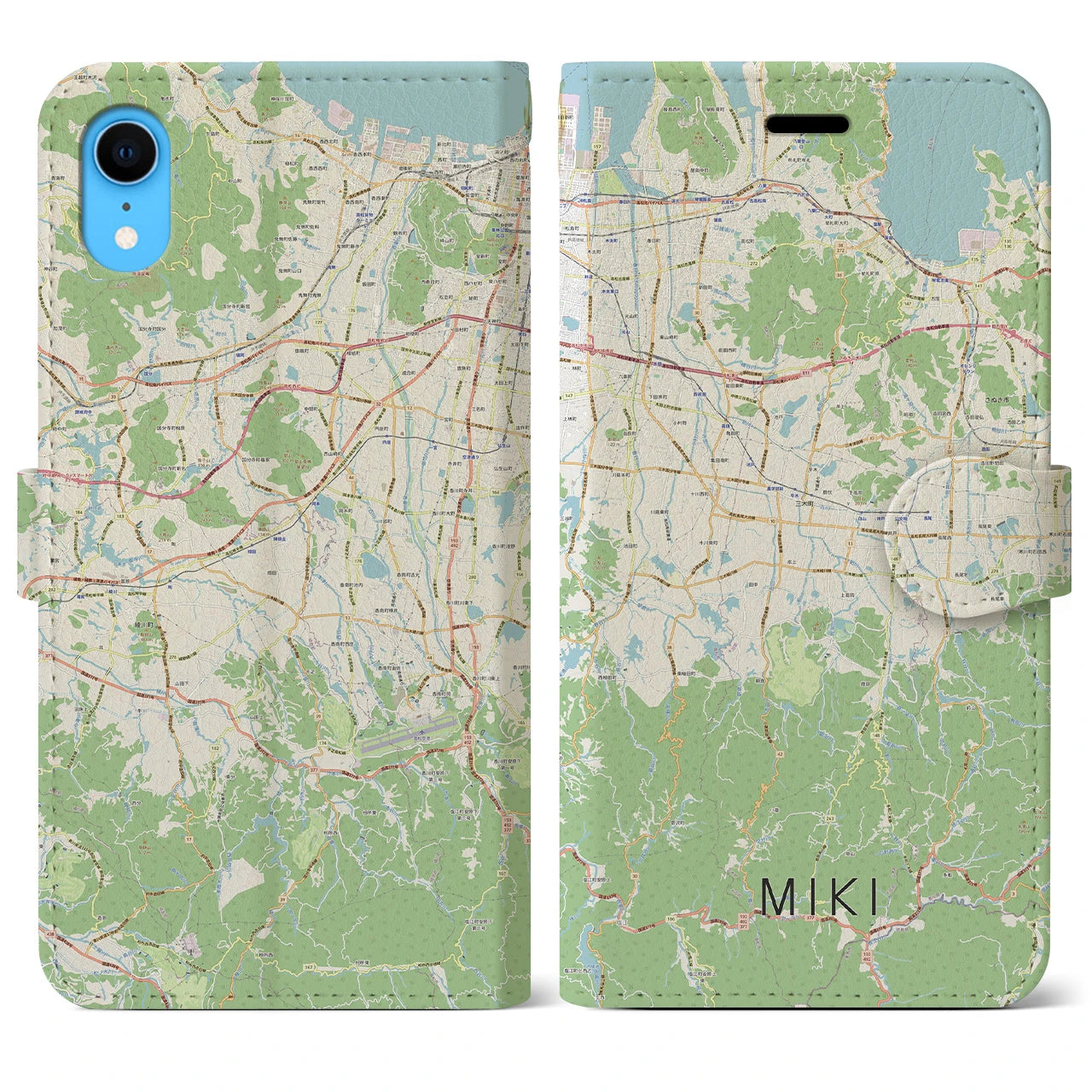 【三木（香川県）】地図柄iPhoneケース（手帳両面タイプ・ナチュラル）iPhone XR 用