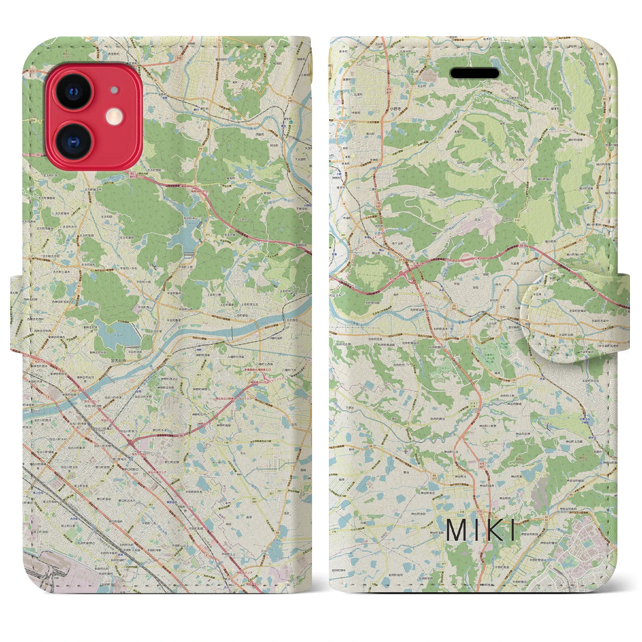 【三木】地図柄iPhoneケース（手帳両面タイプ・ナチュラル）iPhone 11 用