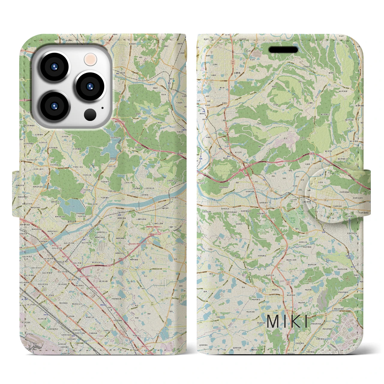 【三木】地図柄iPhoneケース（手帳両面タイプ・ナチュラル）iPhone 13 Pro 用