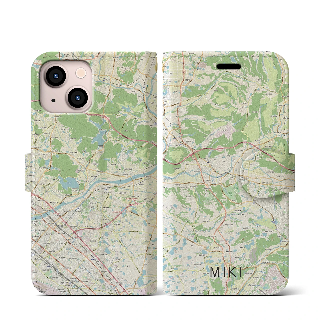 【三木】地図柄iPhoneケース（手帳両面タイプ・ナチュラル）iPhone 13 mini 用