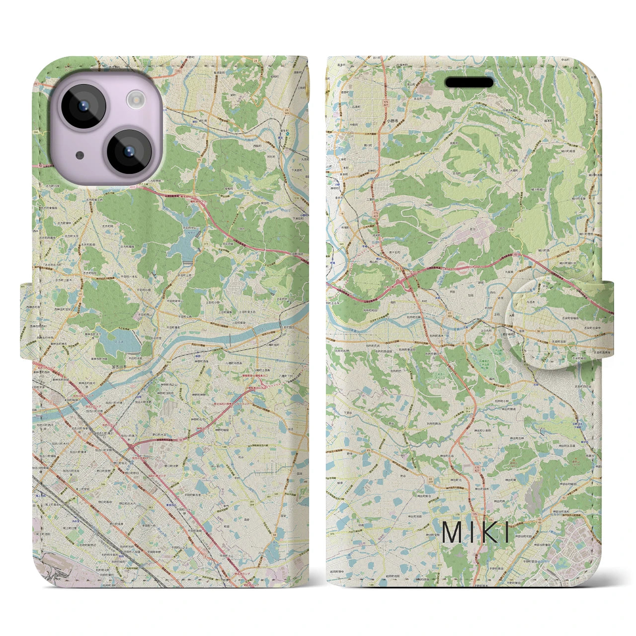 【三木】地図柄iPhoneケース（手帳両面タイプ・ナチュラル）iPhone 14 用