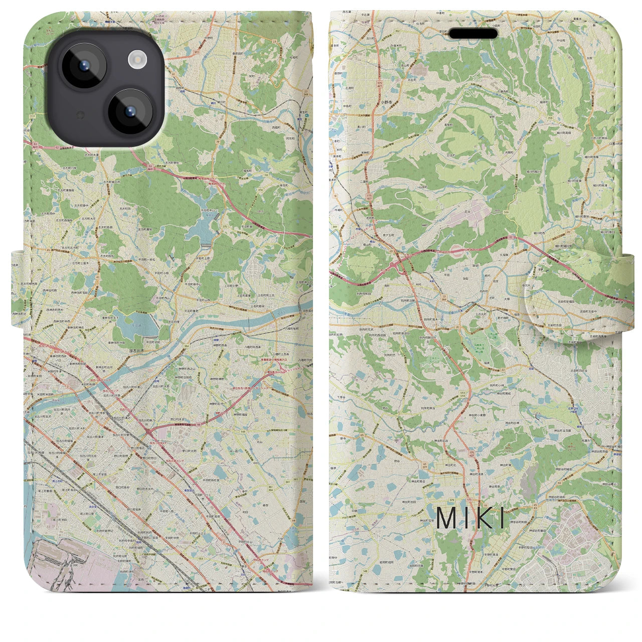 【三木】地図柄iPhoneケース（手帳両面タイプ・ナチュラル）iPhone 14 Plus 用