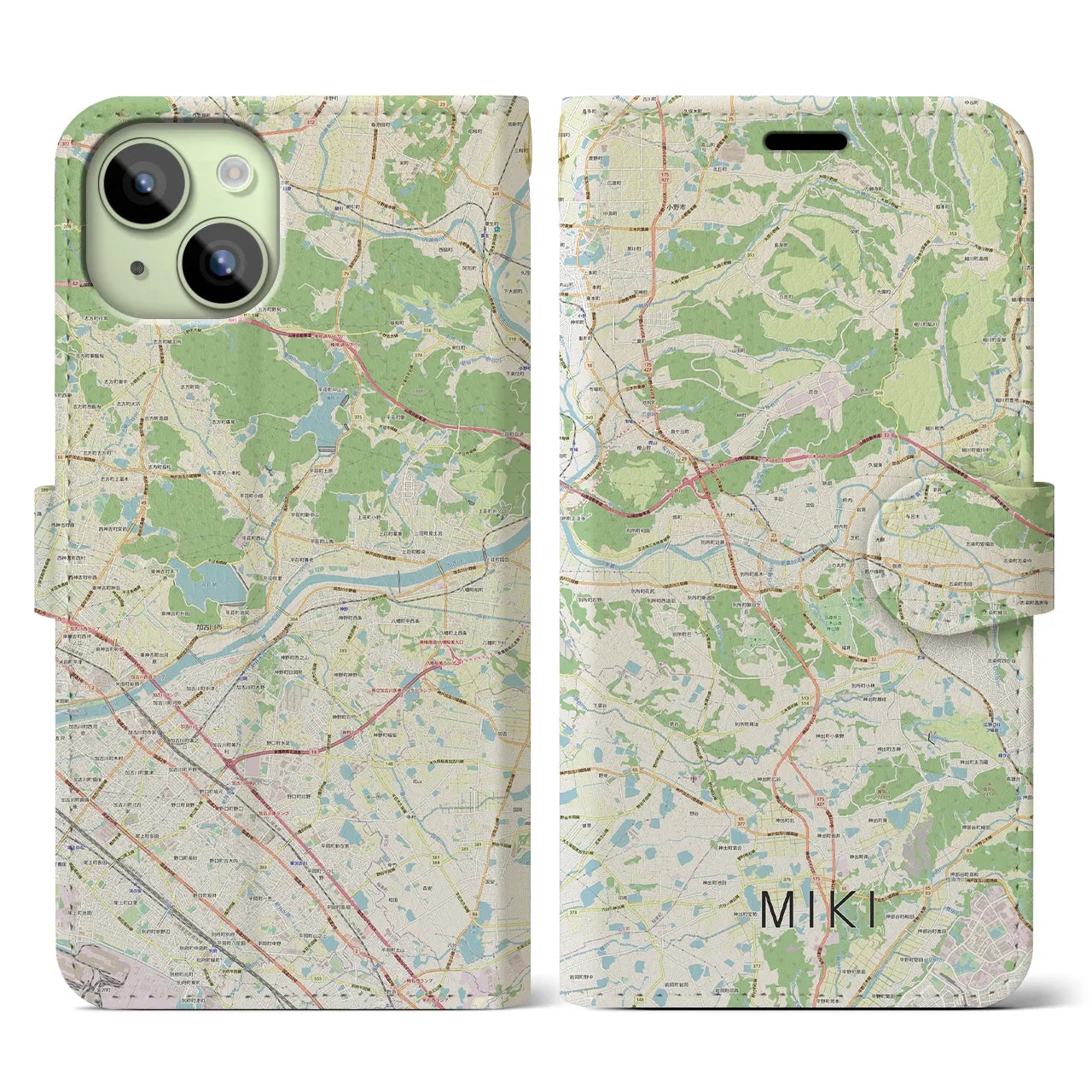 【三木】地図柄iPhoneケース（手帳両面タイプ・ナチュラル）iPhone 15 用