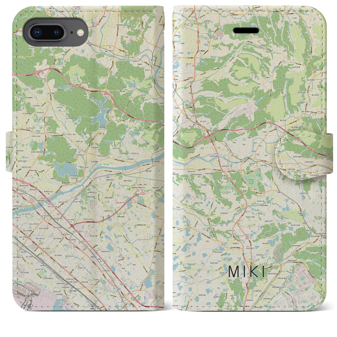 【三木】地図柄iPhoneケース（手帳両面タイプ・ナチュラル）iPhone 8Plus /7Plus / 6sPlus / 6Plus 用
