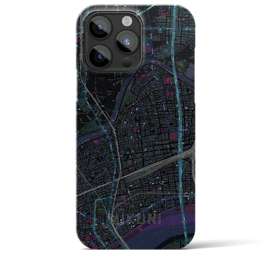 【三国（大阪府）】地図柄iPhoneケース（バックカバータイプ・ブラック）iPhone 15 Pro Max 用