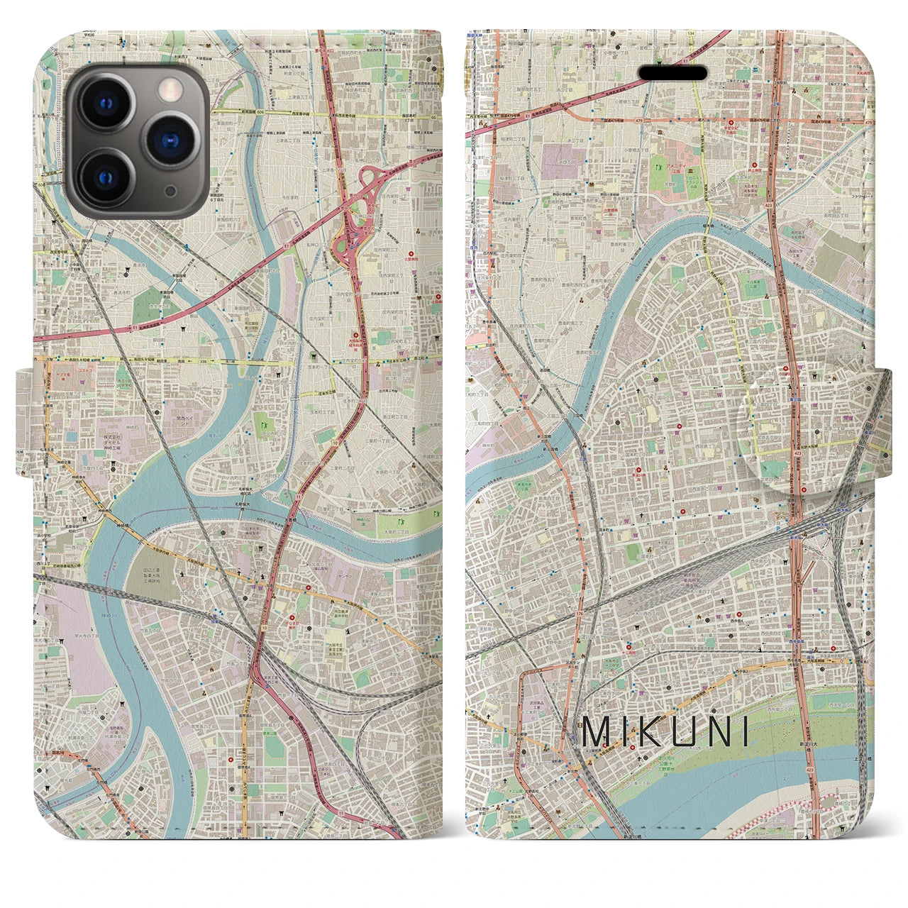 【三国（大阪府）】地図柄iPhoneケース（手帳両面タイプ・ナチュラル）iPhone 11 Pro Max 用