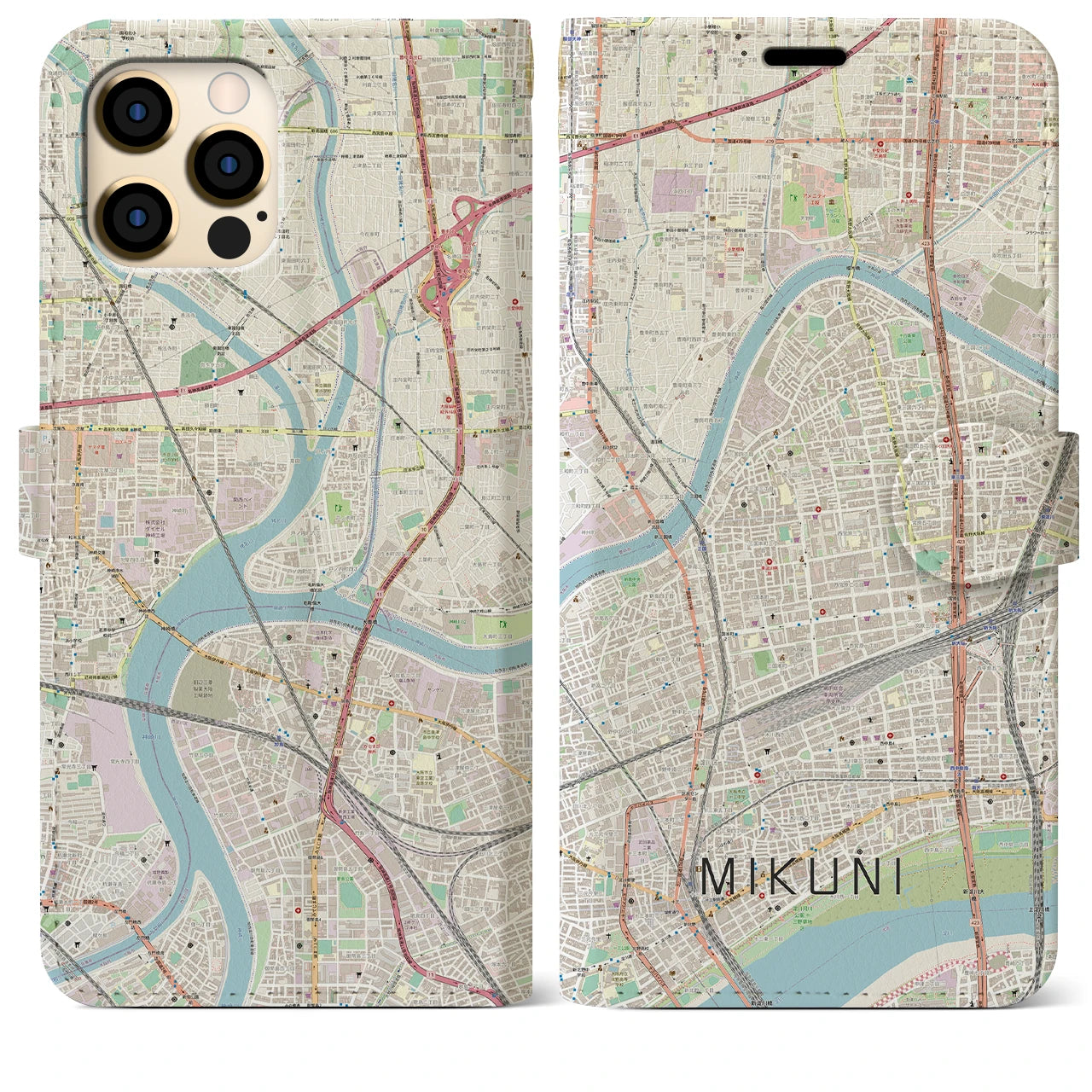 【三国（大阪府）】地図柄iPhoneケース（手帳両面タイプ・ナチュラル）iPhone 12 Pro Max 用