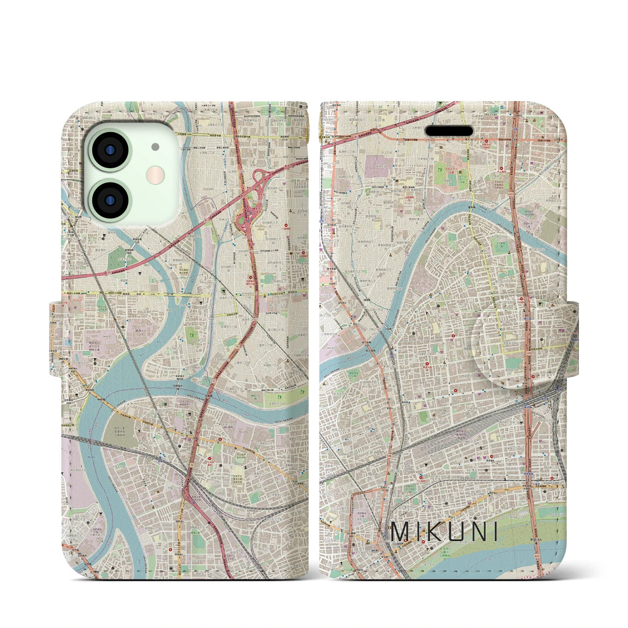 【三国（大阪府）】地図柄iPhoneケース（手帳両面タイプ・ナチュラル）iPhone 12 mini 用