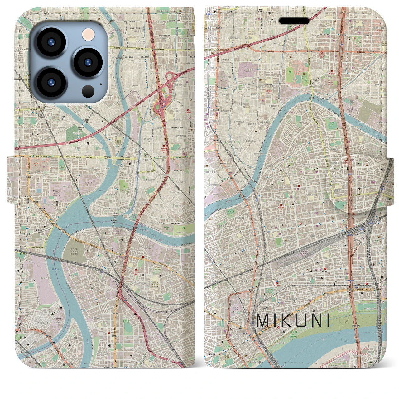 【三国（大阪府）】地図柄iPhoneケース（手帳両面タイプ・ナチュラル）iPhone 13 Pro Max 用