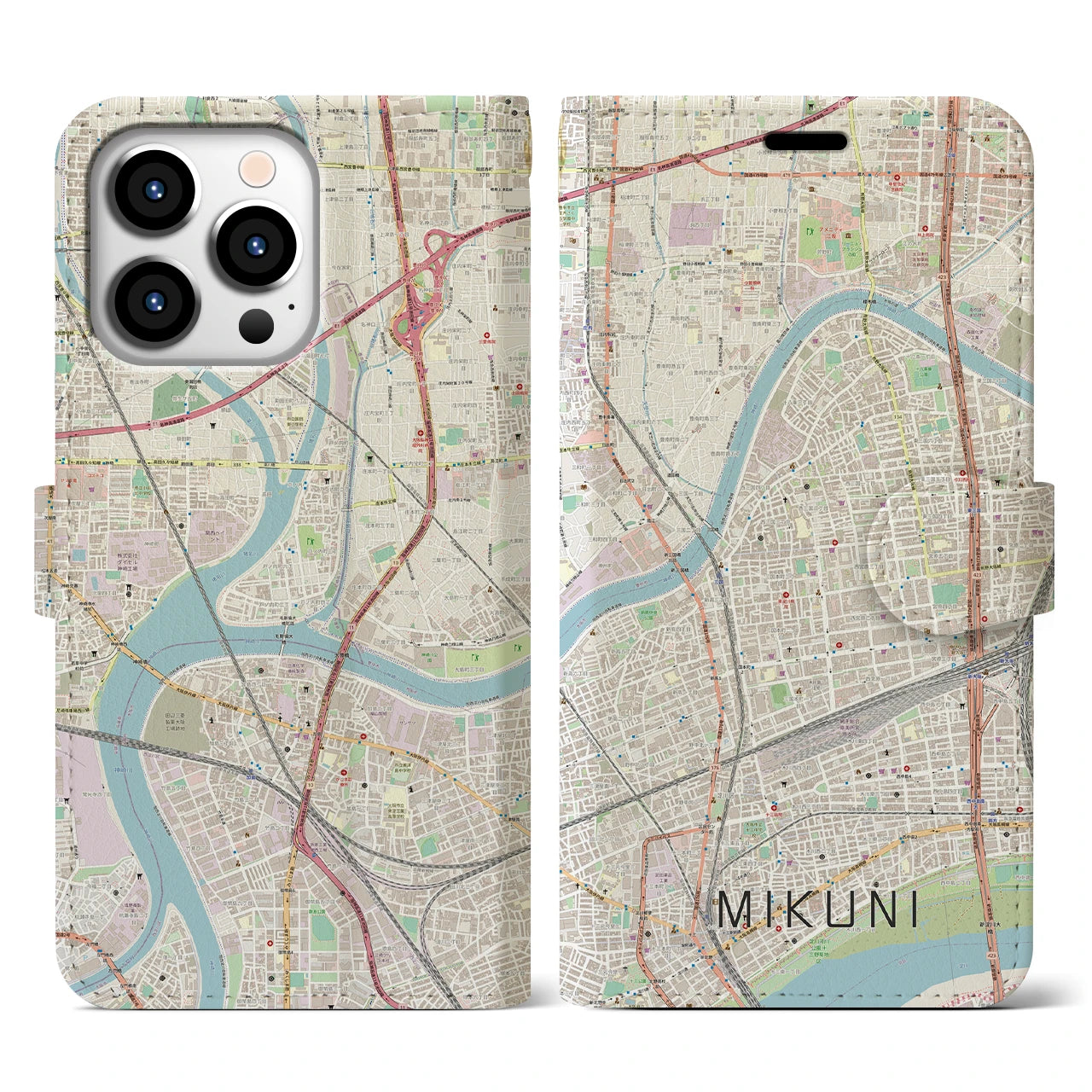 【三国（大阪府）】地図柄iPhoneケース（手帳両面タイプ・ナチュラル）iPhone 13 Pro 用